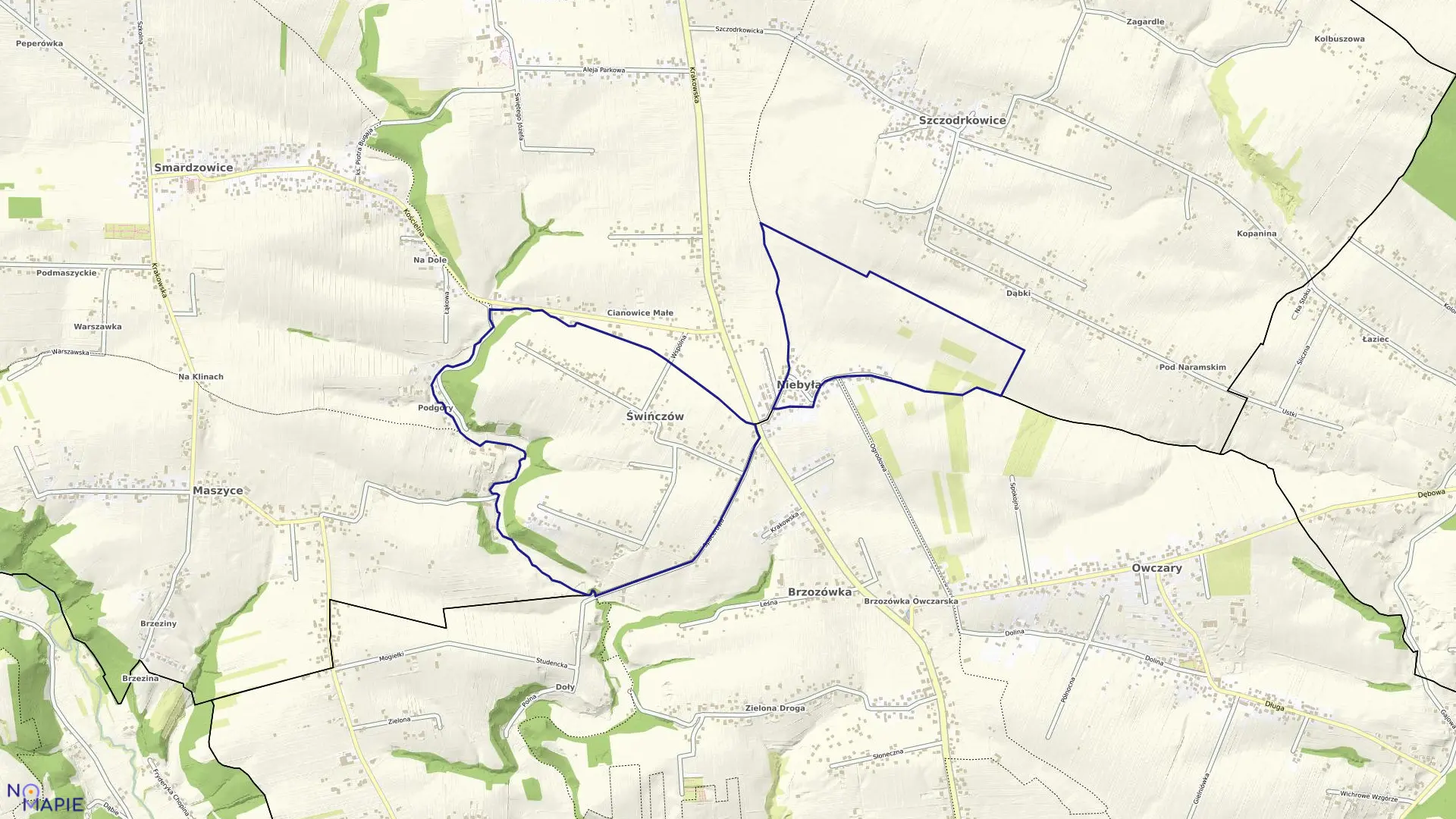 Mapa obrębu Niebyła Świńczów w gminie Skała