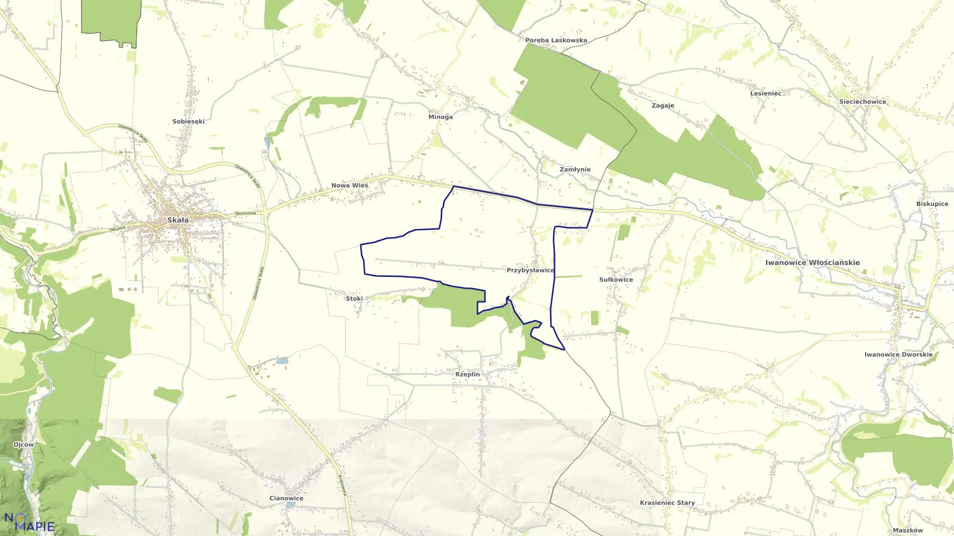 Mapa obrębu Przybysławice w gminie Skała